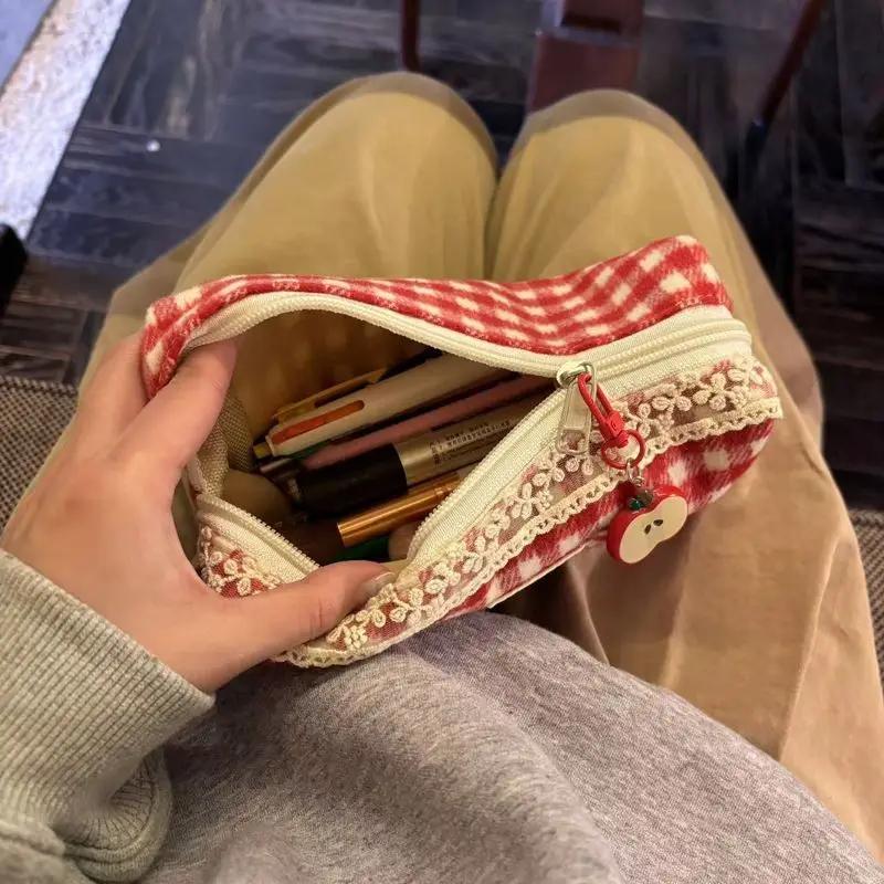 Cute Cat Lace Retro Christmas Plaid Woolen Pencil Case Student Stationery School Supplies Back To School Kawaii Pencil Bag