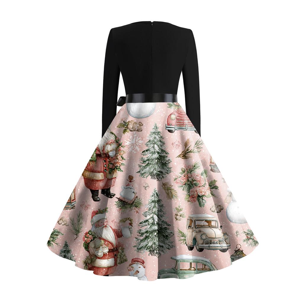 Women's Casual Fashion Long Sleeve Christmas Graphic Printed Vintage Long Dresses