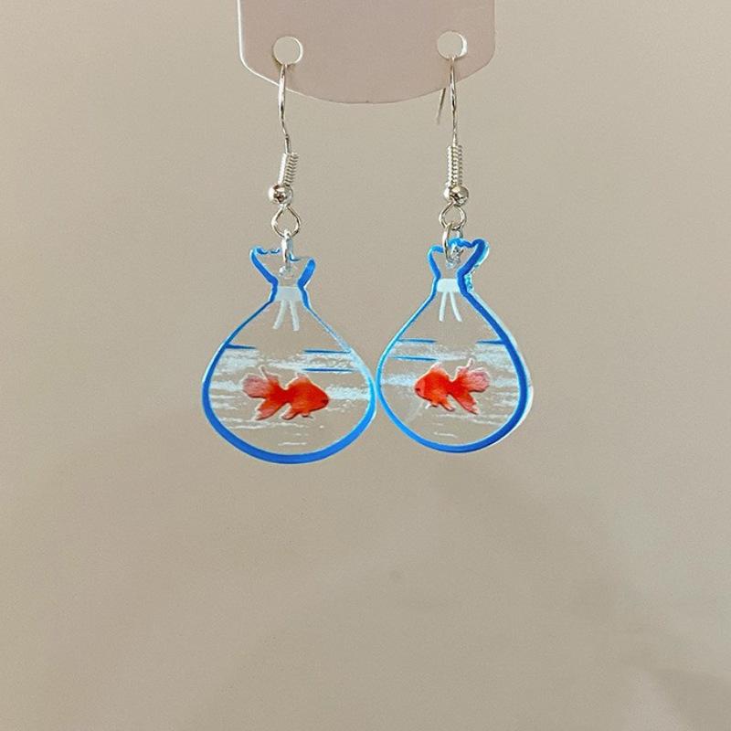 

Cute 2D Flat Goldfish Gourd Earrings For Women Creative Blue Resin Fishbowl Dangle Earrings For Summer Beach Party Daily Wear A2