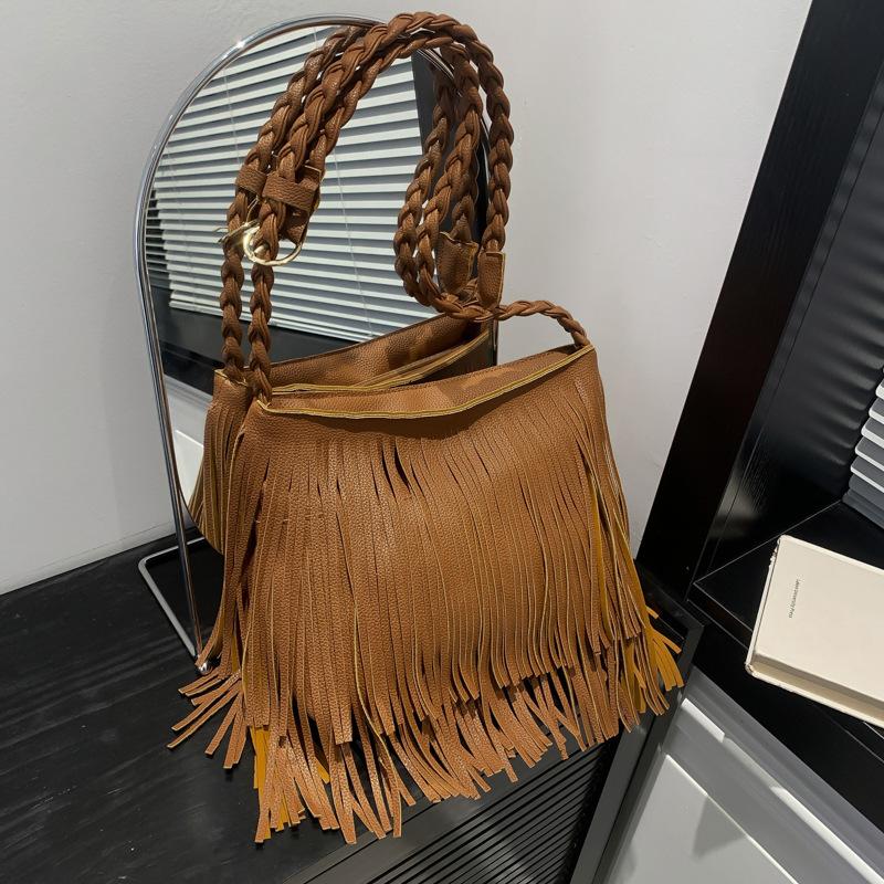 Casual Tassel Design Pu Shoulder Bags for Women Vintage Solid Color Ladies Crossbody Tote Bag Large Capacity Female Handbags