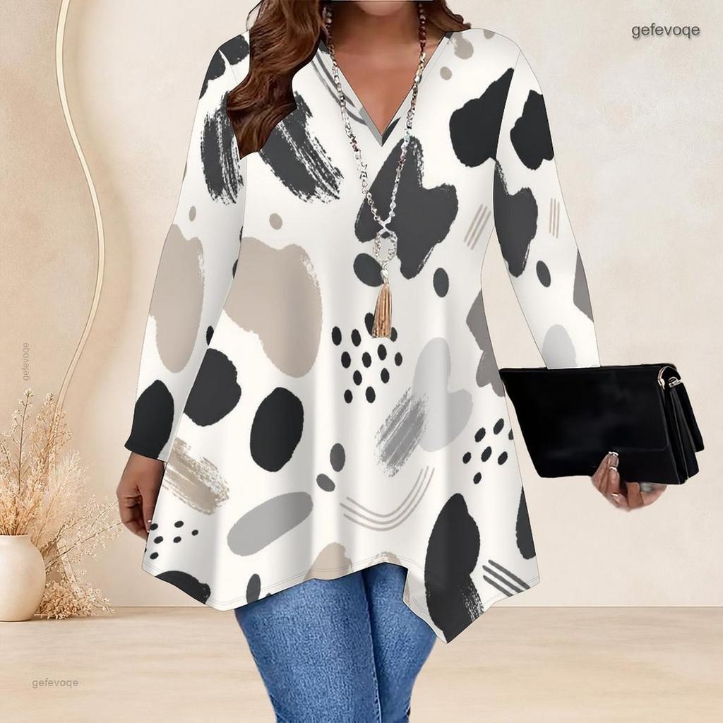 Women Plus Size V Neck Long Sleeve Abstract Leaf Print Irregular Hem Tunic Top
