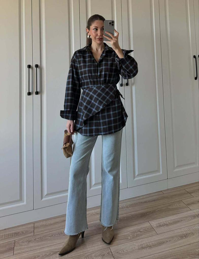 Ensemble chemise à carreaux et châle pour femmes européennes et américaines 2026: Mode Trois-en-un à Manches Longues avec Taille à Nouer.