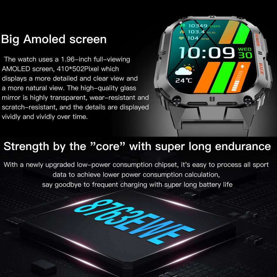 Smart Watch Sports Fitness Men 1.96" AOMLED Screen Outdoor Compass Blue Tooth Call Smartwatch Health Waterproof Voice Assistant