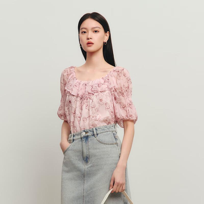 Sancai Women's Floral Print Ruffled Blouse
