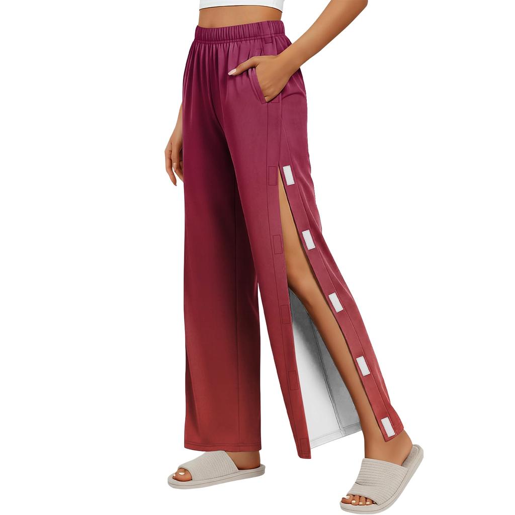 Women Gradient Side Hook and Loop Closure Easy Open Post Surgery Recovery Care Long Pants Elastic Waistband Lightweight Fabric