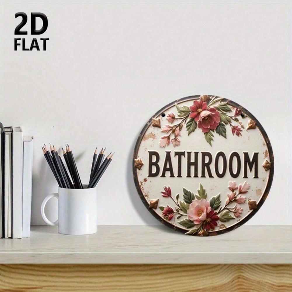 Vintage 7.87 Inch Round Wooden Wall Art Pink Floral Farmhouse Hanging Sign for Bathroom Living Room Rustic Home Decor