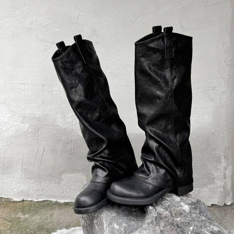 European and American round head thick-soled Martin boots non-slip soft-soled leather large-size women's boots thigh circumference high boots aut