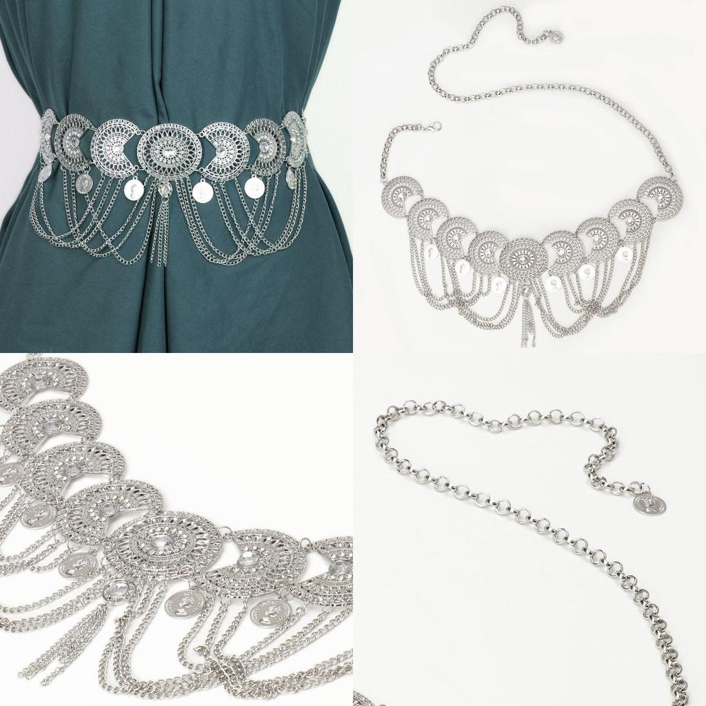 European Style Silver Metal Waist Chain With Sculpted Design For Boho Party And Stage Shows