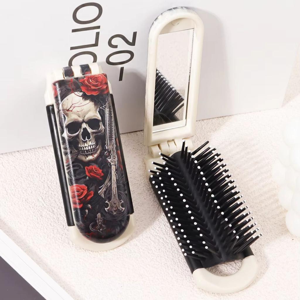 1pc Skeleton Flower Cross Pattern Folding Haircomb with Built in Mirror for Gentle Combing and Styling