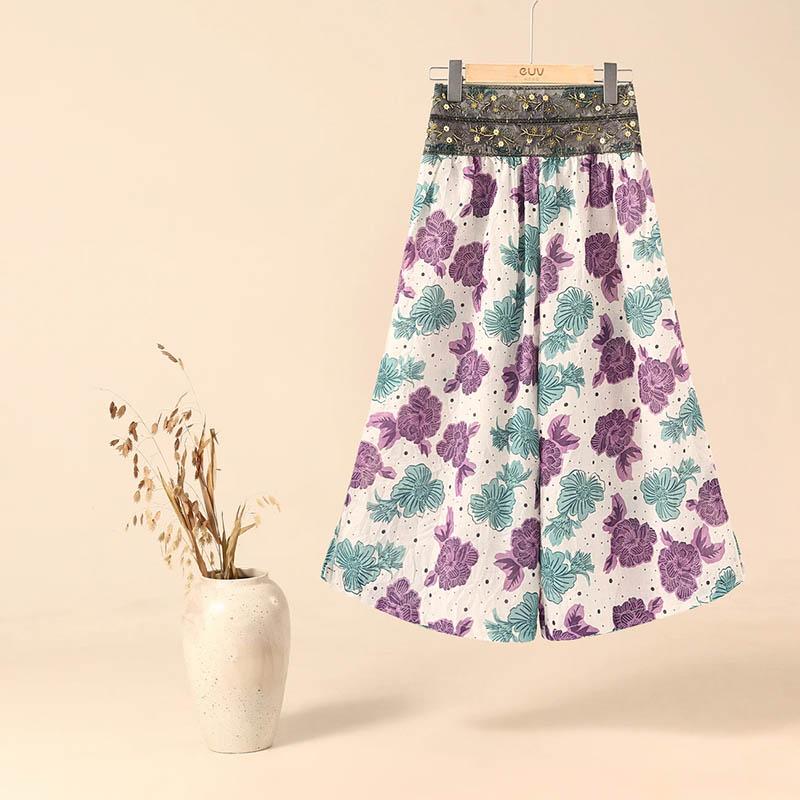 Hemp Wide-legged Pants Women Thin Simple Elastic Waist Versatile Casual Pants Seven Pants