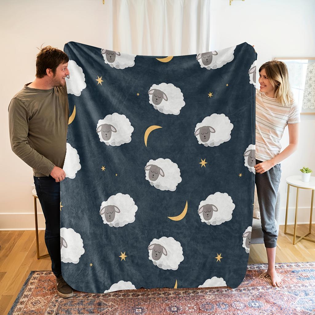 Cozy Dreamy Lamb Print Flannel Blanket - Soft Polyester, Whimsical Sheep & Moon Design, Machine Washable, Perfect Gift for