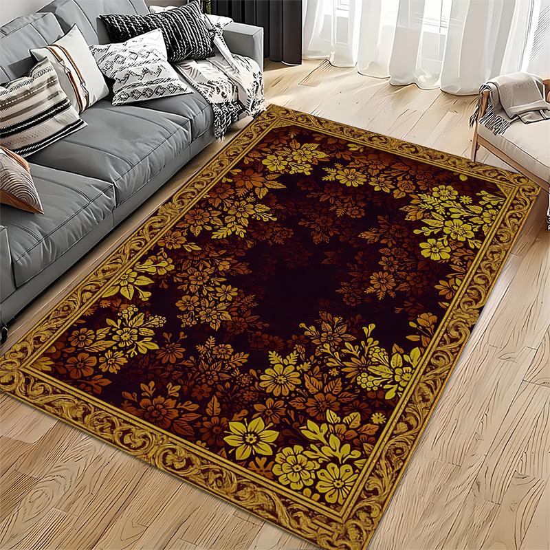 Floral Pattern Carpet with Golden Yellow Border, Vintage Style Rug Suitable for Use As an Anti-slip for Living Room Bedroom Sofas