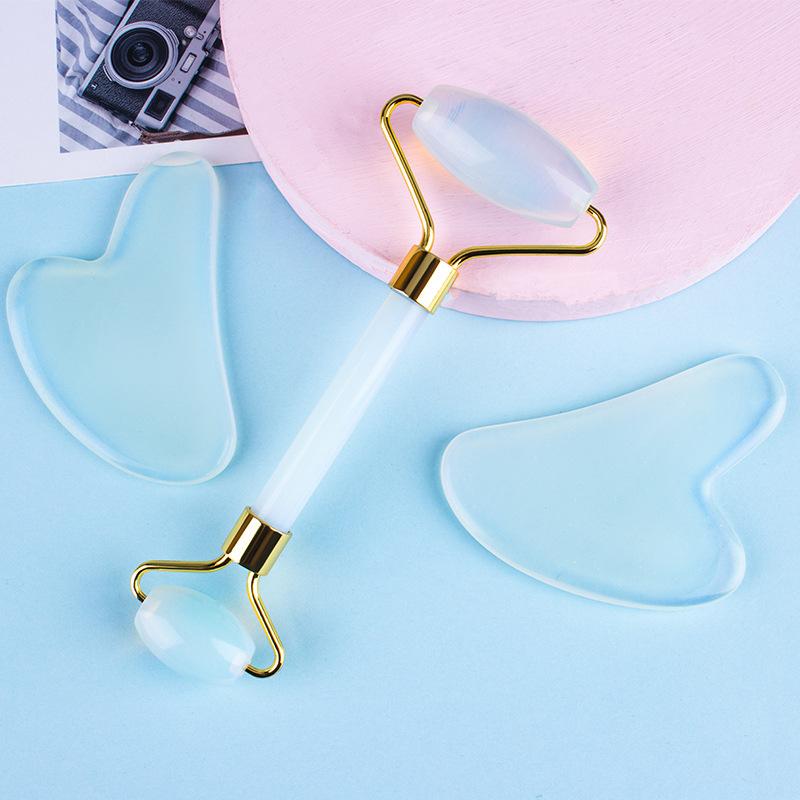 Opalite Jade Massage Roller Gua Sha Set Opal Quartz Crystal Facial Skin Lifting Anti Wrinkle Gouache Scraper Jade Massager