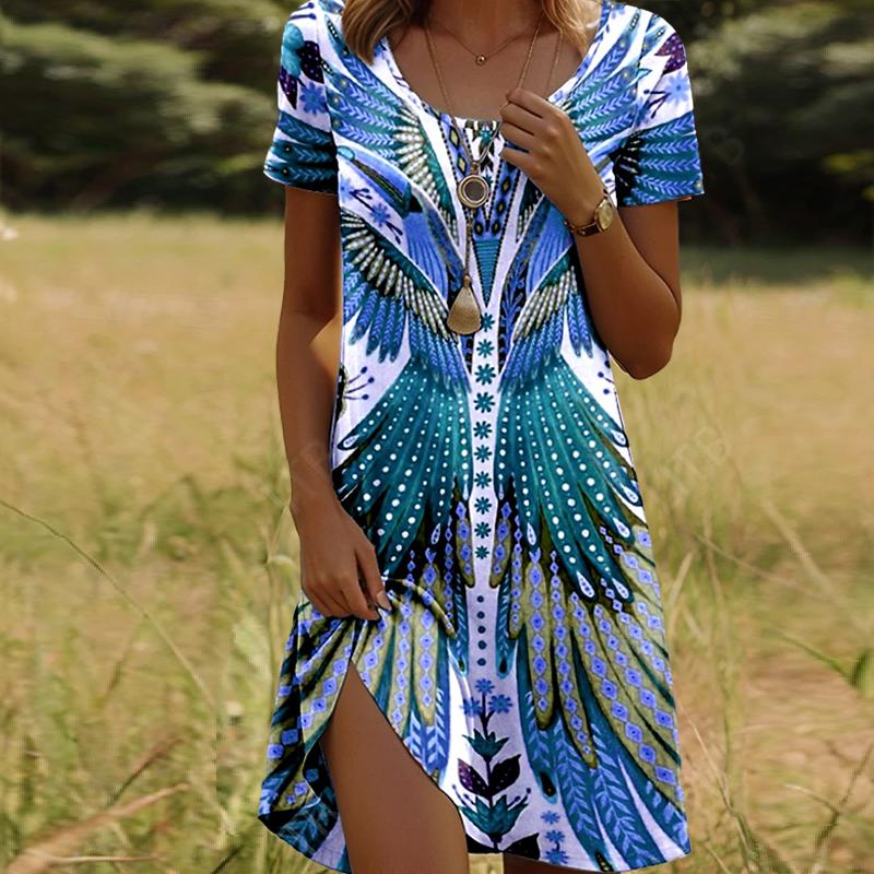 

Модное женское свободное платье-трапеция с принтом крыльев и коротким рукавом с принтом листьев XL синий