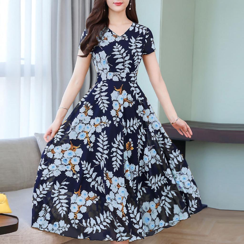 Modisches, lässiges Damen-Kleid mit kurzen Ärmeln und langem Kleid mit Blumenmuster