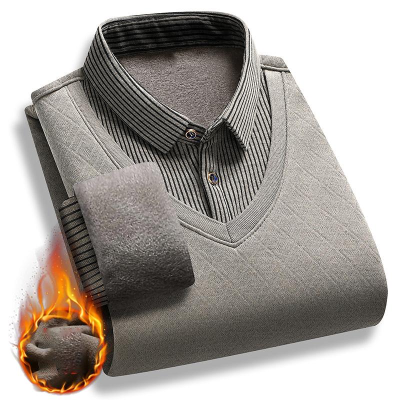 Winter Warm Thick Pullovers Men Polo Neck Fake Two Pieces Sweaters Fashion Casual Striped Fleece Lined Jumper Knitting Sweaters