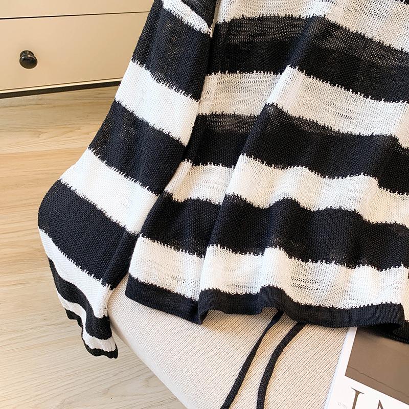 Sunscreen casual contrasting striped long-sleeved t-shirt knitted thin top trendy