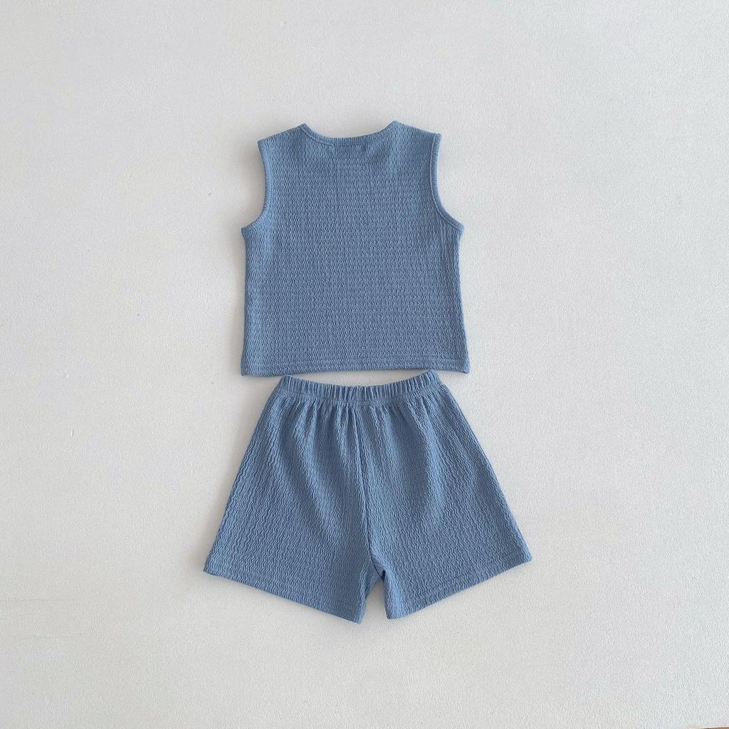 Kids 2024 Summer Korean-Style Soft Cotton Pleated Vest and Shorts Set for Boys and Girls