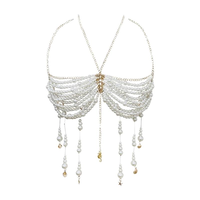 

Pearls Beaded Tassels Halter Neck Bra Vest for Women Hollowed Chest Chain Body Jewelry Bralette Raves Party Clubwear 1