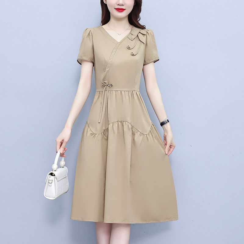 Summer French Elegant Temperament Fashion Casual Dress Age Reducing High Waist Slimming Mid Length Dress for Ladies