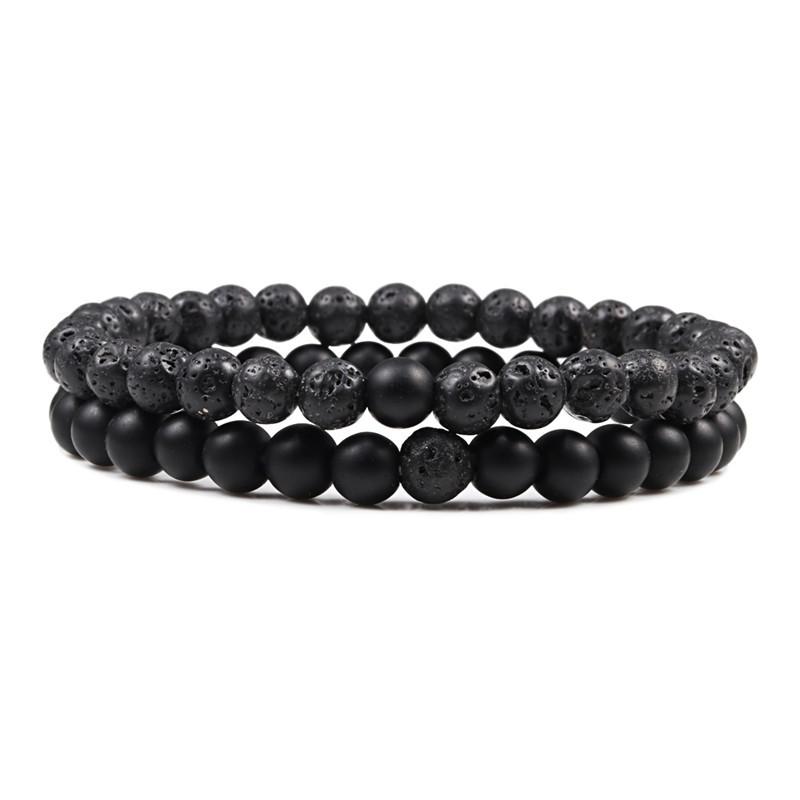 2Pcs Bracelet 6mm Couples Black White Natural Lava Stone Bracelets Tiger Eye Beaded Yoga Bracelets for Men Women Elastic Rope Jewelry Bracelet