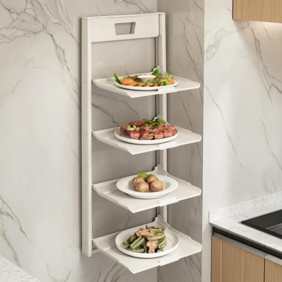 Kitchen Storage Rack Wall Mounted with Suction Cup Organizer Foldable Serving Platter Countertop Shelf for Bowls Plates