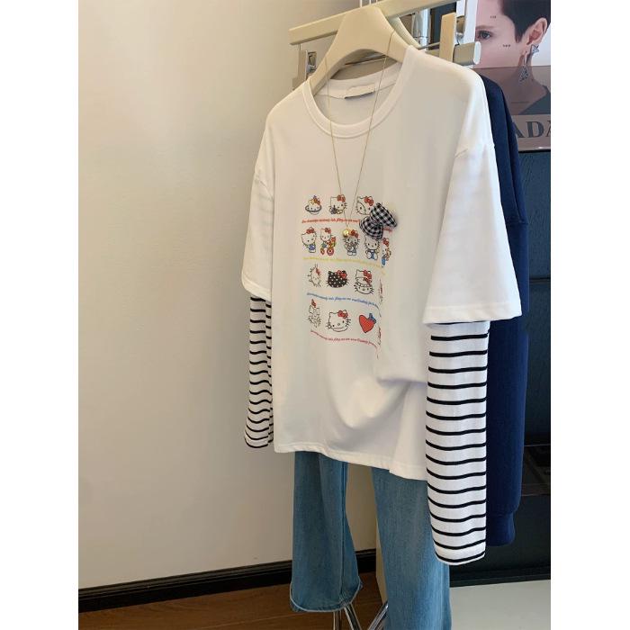 

Official Pure Cotton 3D Cartoon Print Striped Plus Size Long-Sleeve T-shirt, Age-Reducing Design XL білий