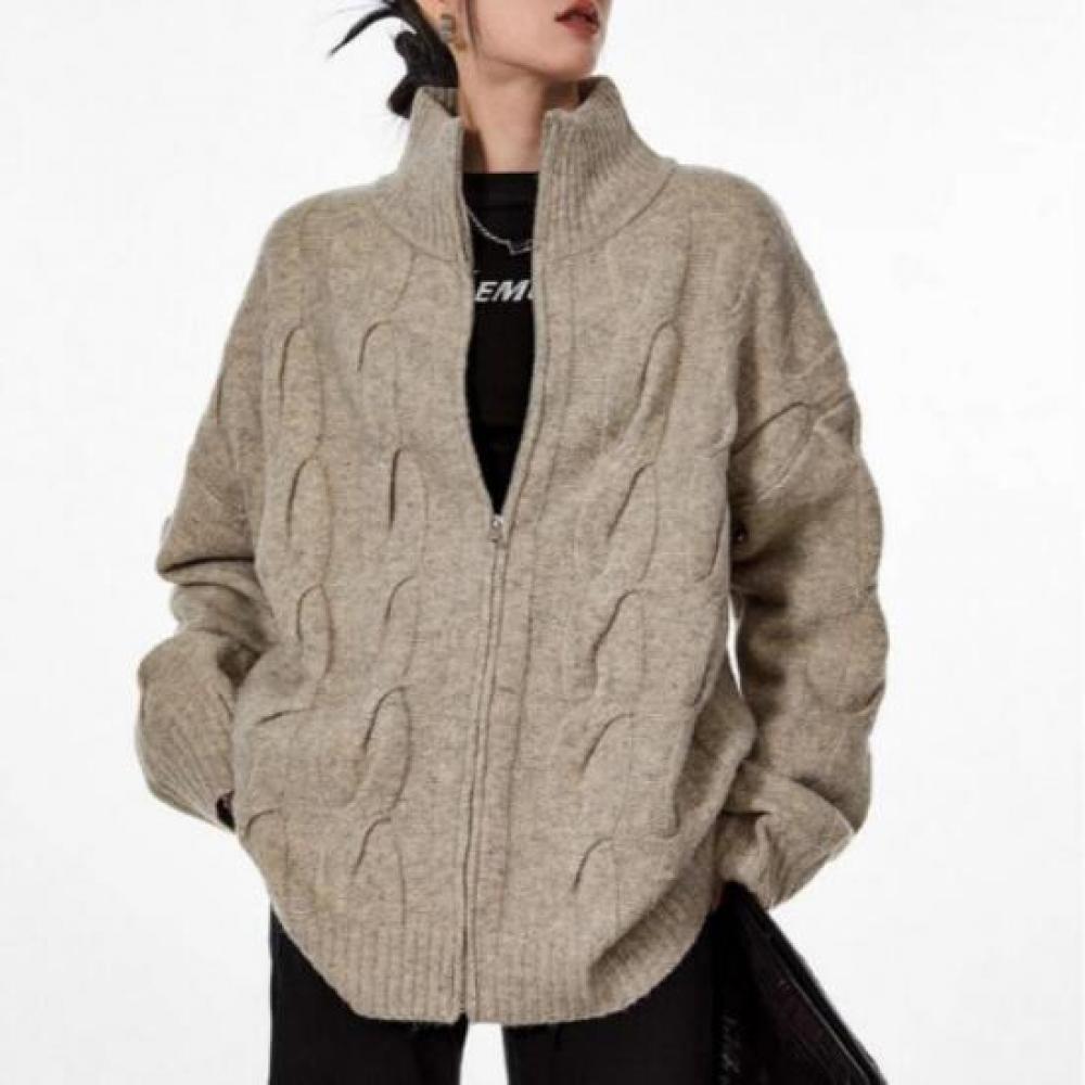New Arrivals Open Run Women Chunky Knit High Neck Oversized Zip Cardigan Doublep