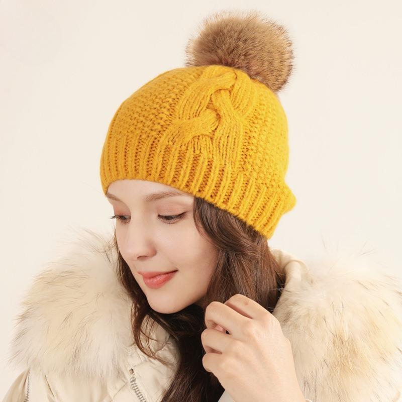 Hat Women's Winter European and American Trendy Versatile Knitted Hat Cute Hairball Outside Warm Ear Protection Ins Fashion Wool Hat