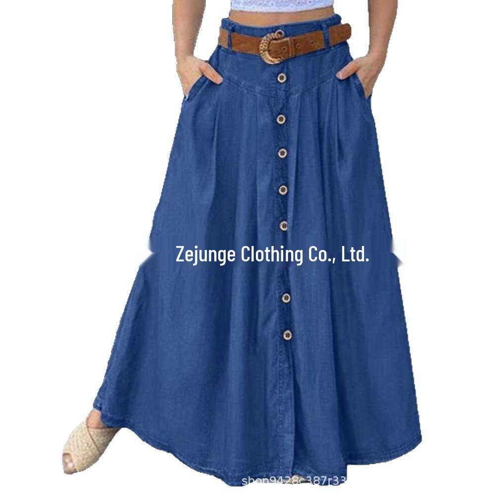 

Летняя европейско-американская хлопково-льняная миди-юбка А-силуэта с эластичной талией и полным клешем XS синий