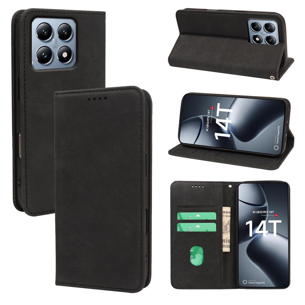 For Xiaomi 14T Case Strong Magnetic Leather Wallet Phone Cover with Striped Texture