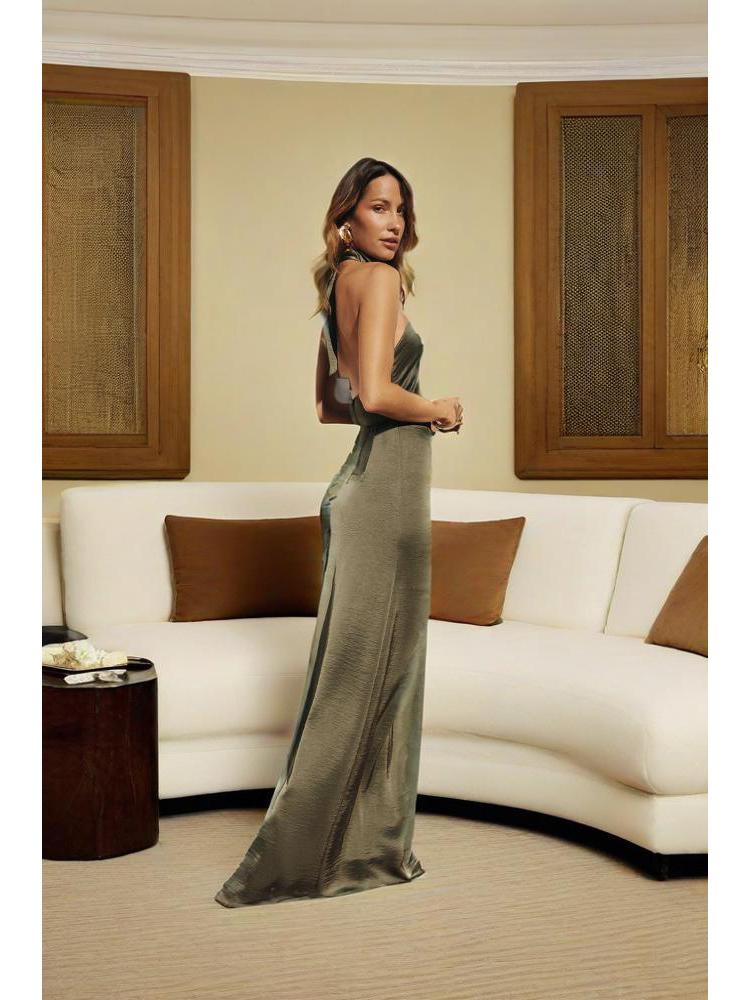 Elegant 2025 Women's Sexy Sleeveless Slit Dress - Slim European & American Style, Solid Color, Long Length.