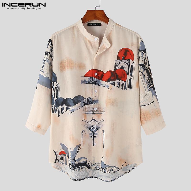 

INCERUN Летние мужские рубашки с короткими рукавами и пуговицами с цветочным принтом, топы