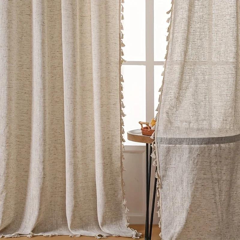Solid Color Linen Plus Fringe Curtains Living Room Bedroom Balcony Semi-Blind Curtains, French Rustic Style Curtains
