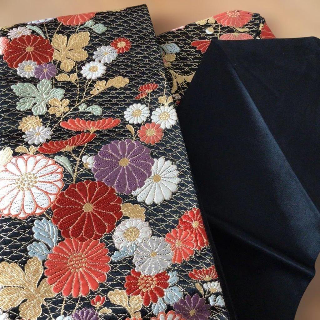 Used [Discount Until 1014] Pure Silk, Sagara Embroidery, Two-part Style Obi, Black Background, Chrysanthemum Pattern, Bag Obi