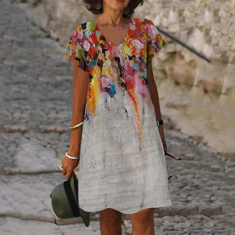 3D Peacock Floral Print Dresses For Summer Women Fashion Short Sleeve V-Neck Loose Dress Vintage Oversized Ladies Dress