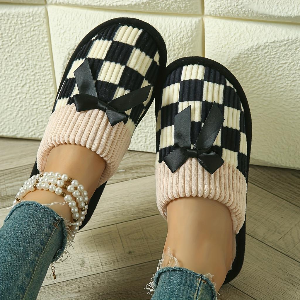 Cozy Checkered Slip-On Slippers with Bow Soft Indoor Slippers Checkered Pattern Knit Construction Slippers for Indoor Use