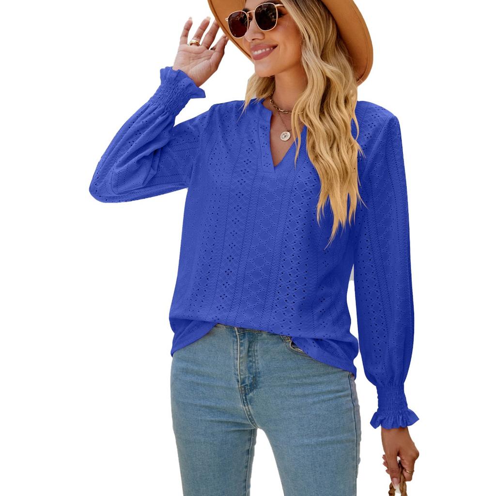 Solid Color Hollow Out Shirred Ruffle Sleeve V Neck Loose Long Sleeve Top for Women European American Crossborder Fashion