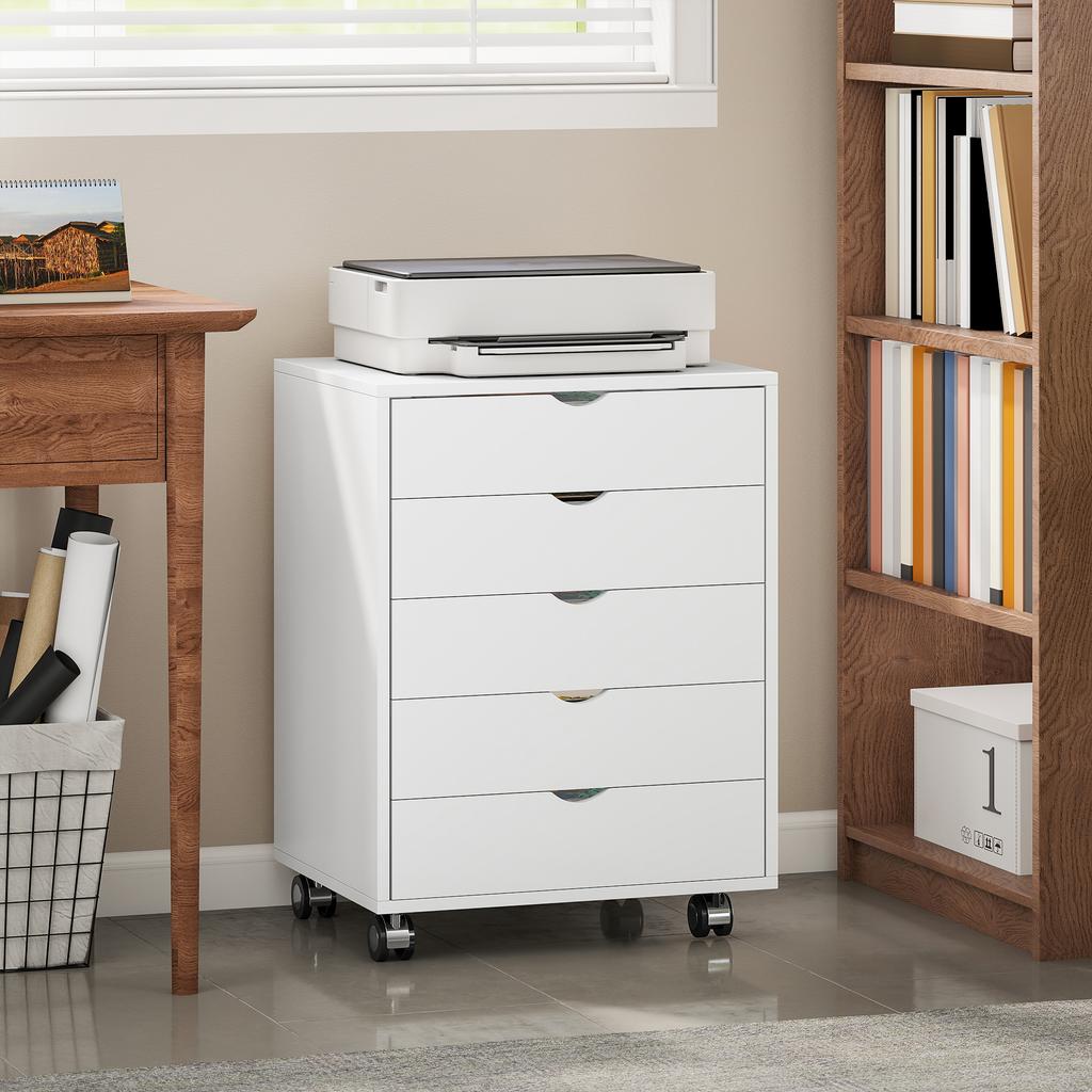 Mobile Office Pedestal, 5 Drawers, Rolling Storage for A3/Letter/A4, White