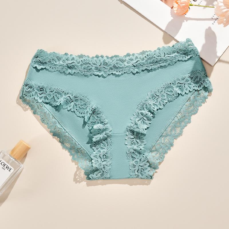 Damenunterwäsche Bequeme Slips Sexy Atmungsaktive Dessous Spitzenbesatz Mittelhohe Taille Unterhosen Weibliche Einfarbige Baumwoll-Triangel-Slips mit Gewebe