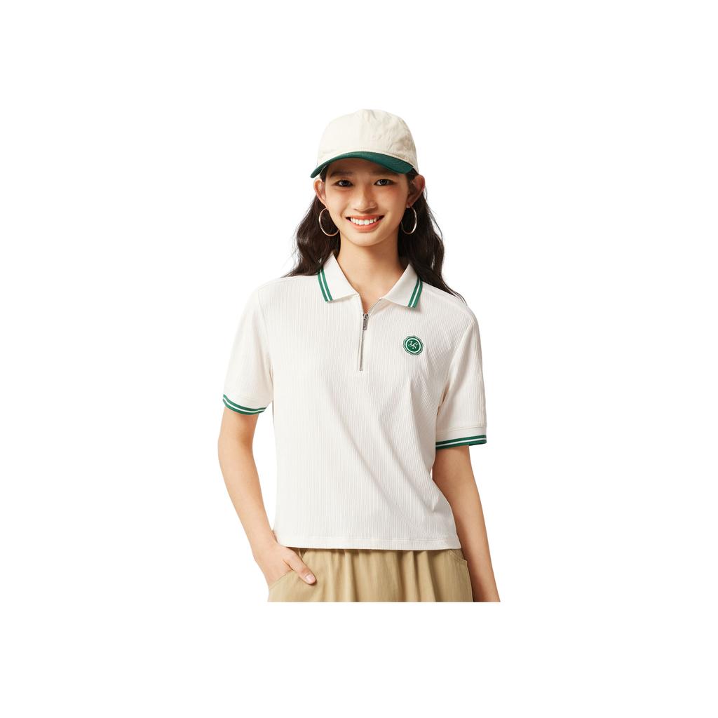 Li-Ning Comfortable Casual Simple Breathable Striped Loose Fit Polo Shirt Women Tops Off-White APLV116-2