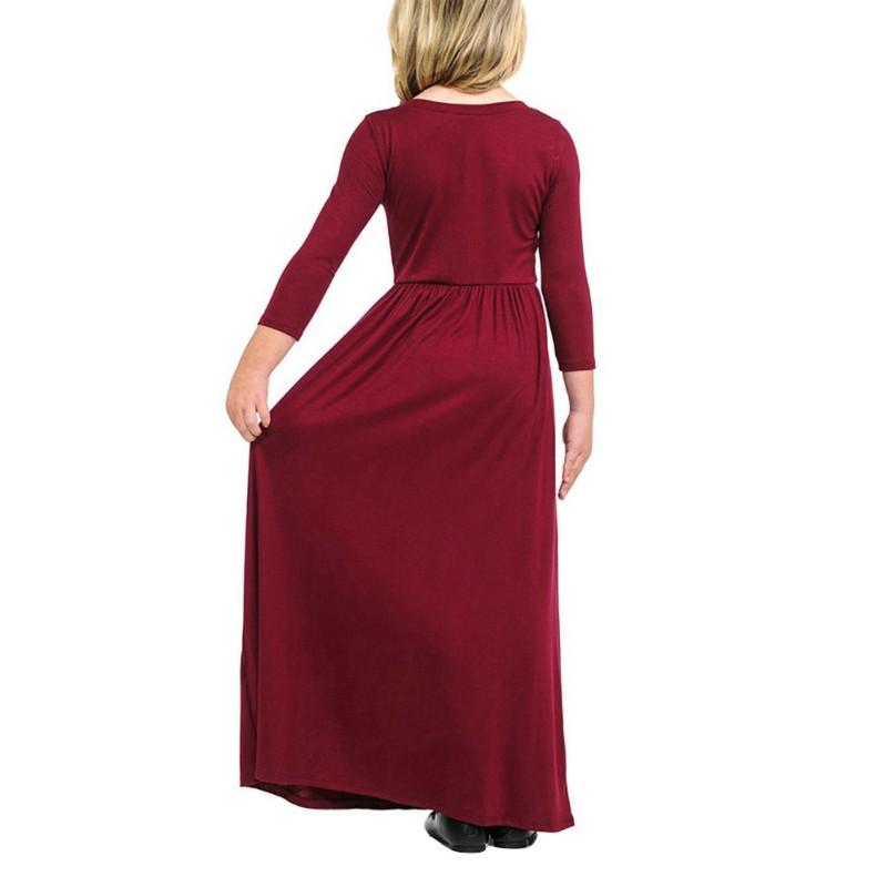 Girls Solid Color Round Neck Long Sleeved Dresses Large Hem Child Long Section Long Dress