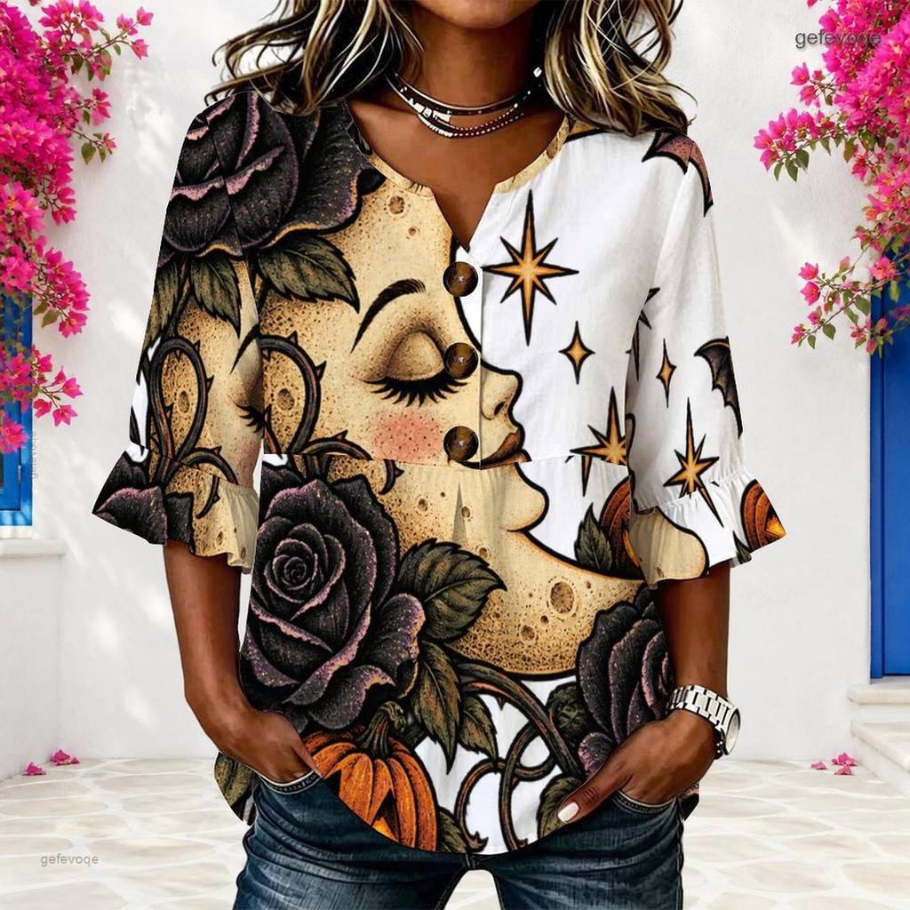 Womens Plus Size V Round Neck Mid Sleeve Front Button Chic Casual Loose Comfortable Weekend Ladies Blouse