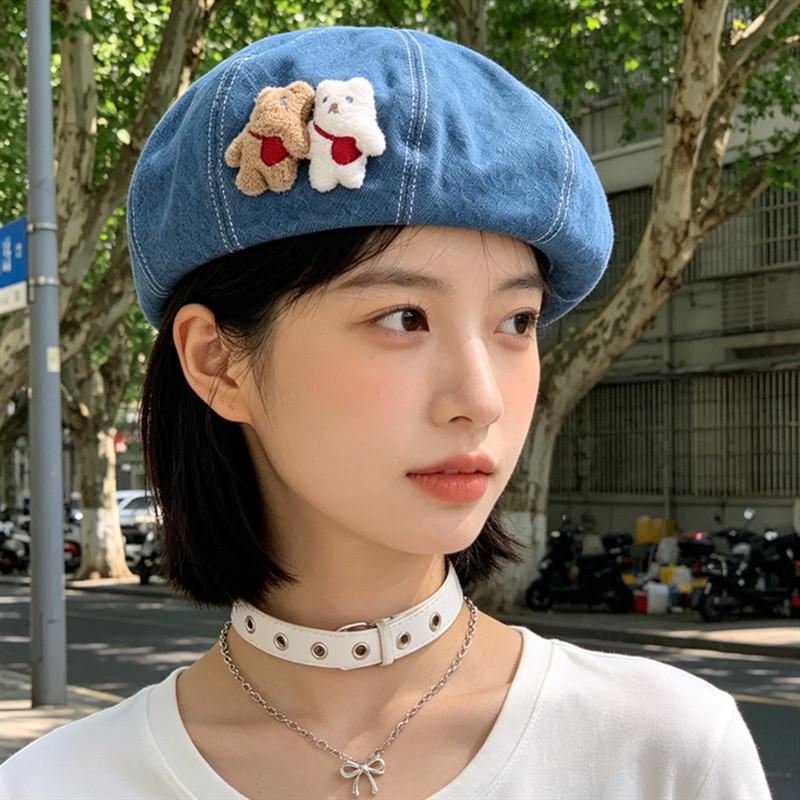 Bear Denim Beret Hat With Adjustable Fit For Casual Women Summer Style