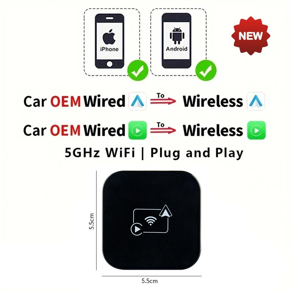 

2025 НОВИЙ 2 в 1 Бездротовий Carplay AI Box Android Auto Plug and Play Застосовний для перетворення оригінального дротового Carplay автомобіля на бездротовий