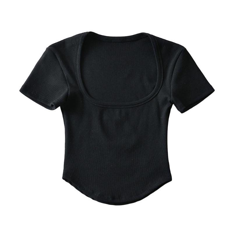 Sexig djup U-ringad T-shirt dam sommar Europeisk och Amerikansk smal passform oregelbunden topp