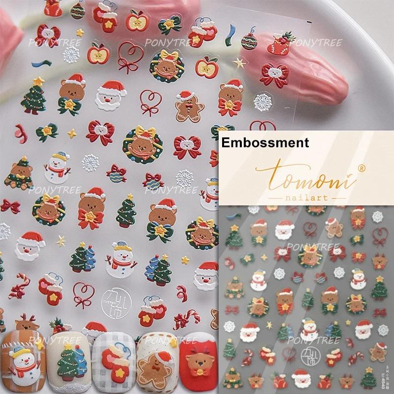 Gold Stamped Snowflake Stars White Christmas Tree Red Bowknot Cute 3D Nail Art Stickers Xmas Lovely Manicure Decals