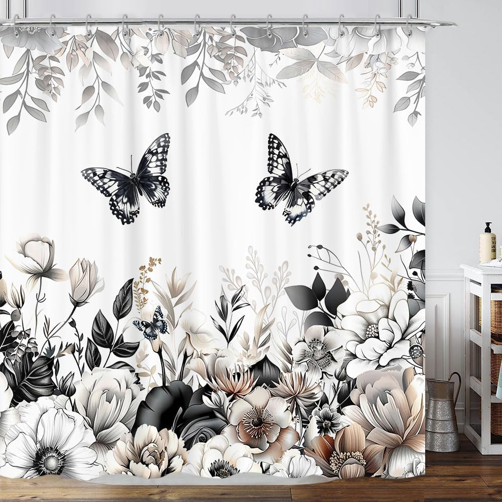 

Boho Floral Shower Curtain - Watercolor Botanical Design In Blue/Pink/Sage, Rustic Minimalist Bath Decor With 12 Hooks 15 Sizes W60H190(CM)-1 Pcs