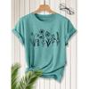 2026New SpringSummer Women's Round Neck Minimalist Line Drawing Floral Print Short Sleeve T Shirt Vintage distressed casual top Soft Knit Fabric
