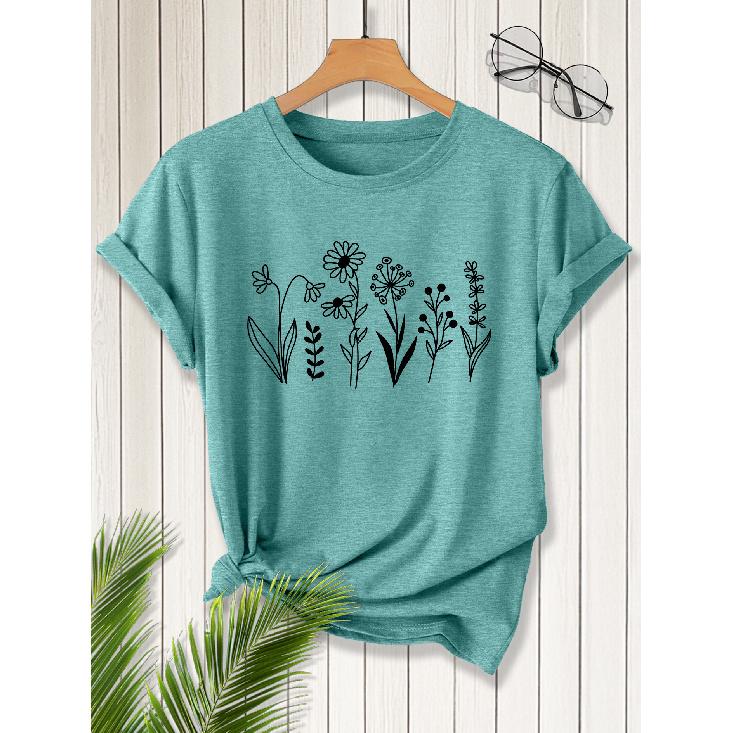 2026New SpringSummer Women's Round Neck Minimalist Line Drawing Floral Print Short Sleeve T Shirt Vintage distressed casual top Soft Knit Fabric